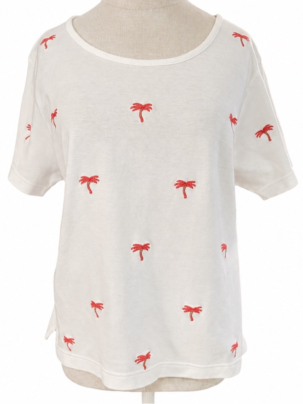 BLASSPORT White Pink Palm Tree Embroidered Tee Large Coastal Beach Casual Top